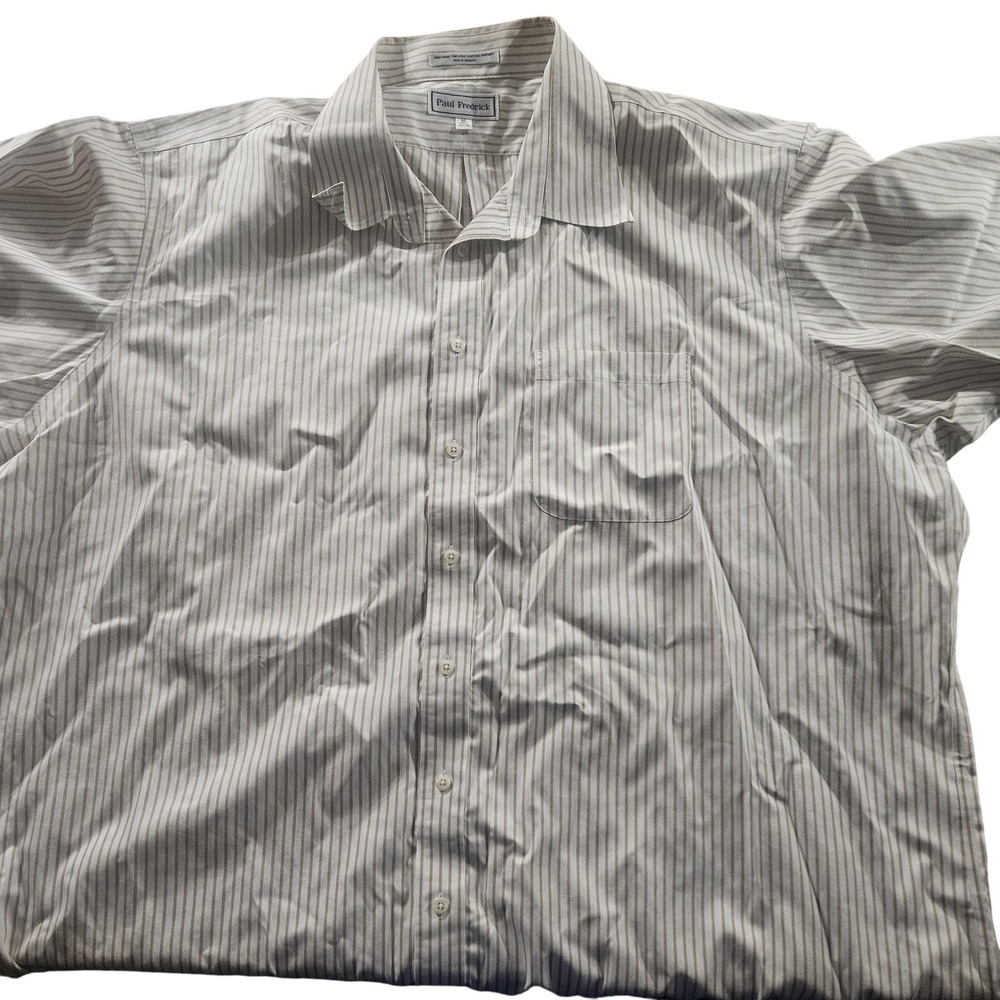 Paul Fredrick Dress Shirt Mens 20 Beige Stripe Non Iron Cotton Short Sleeve‎